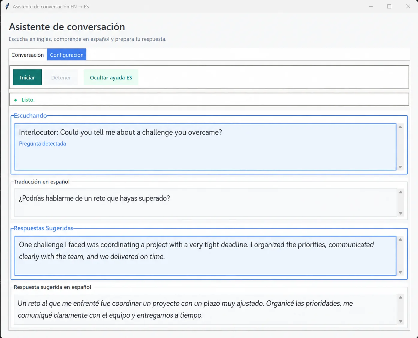 Interfaz real de NexoSpeak mostrando una pregunta en inglés, su traducción al español y una respuesta sugerida con ayuda en español
